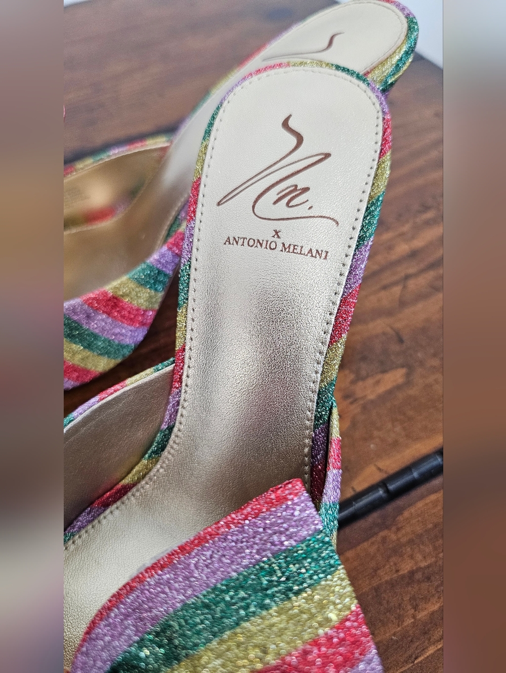 Antonio Melani Rainbow Metallic Glitter Striped Bow Slide heels Women's Sz 6 - Picture 6 of 9